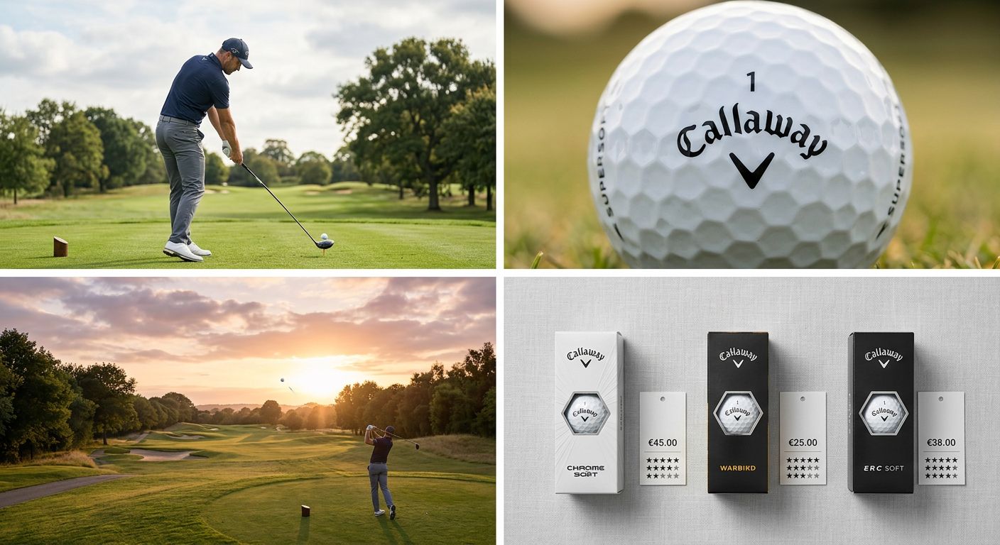 Ein Golfspieler bei einem Abschlag, mit einem Callaway Golfball in der Luft.
BILD2: Eine Nahaufnahme eines Callaway Golfballs auf dem Grün, mit dem Club im Hintergrund.
BILD3: Ein Bild von verschiedenen Callaway Golfbällen, die auf einem Tee liegen.
BILD4: Ein Golfspieler, der triumphierend den Arm hebt, nachdem er einen Birdie erzielt hat, mit einem Callaway Golfball im Vordergrund.