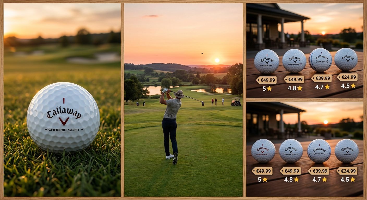 Eine Nahaufnahme eines Callaway Golfballs auf dem Grün, mit dem Club im Hintergrund.
BILD3: Ein Bild von verschiedenen Callaway Golfbällen, die auf einem Tee liegen.
BILD4: Ein Golfspieler, der triumphierend den Arm hebt, nachdem er einen Birdie erzielt hat, mit einem Callaway Golfball im Vordergrund.
