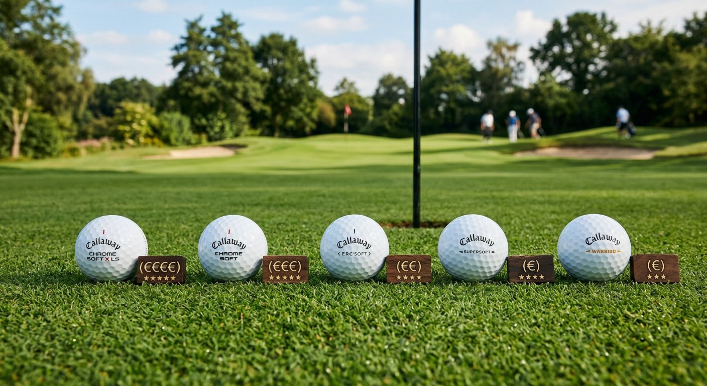 Ein Golfspieler, der triumphierend den Arm hebt, nachdem er einen Birdie erzielt hat, mit einem Callaway Golfball im Vordergrund.
