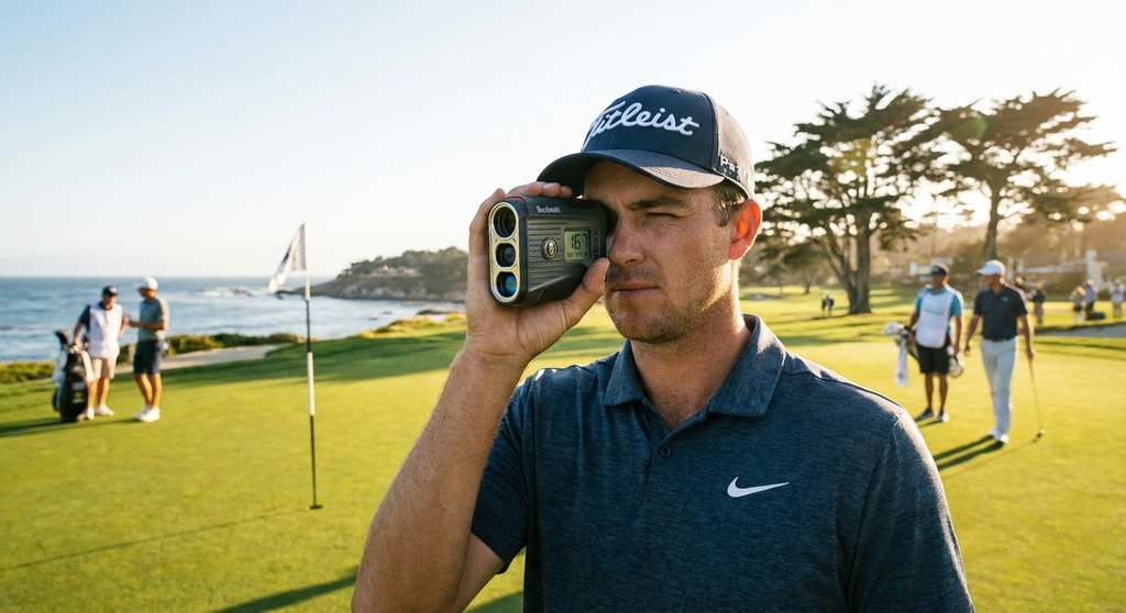 Golfer misst Entfernung mit Bushnell Rangefinder zum Flag