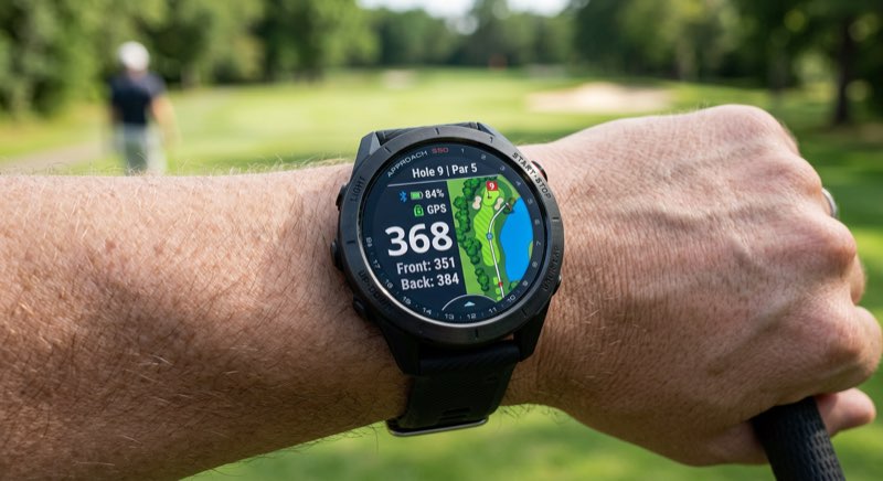 Garmin Approach S50 GPS-Golfuhr am Handgelenk auf dem Golfplatz