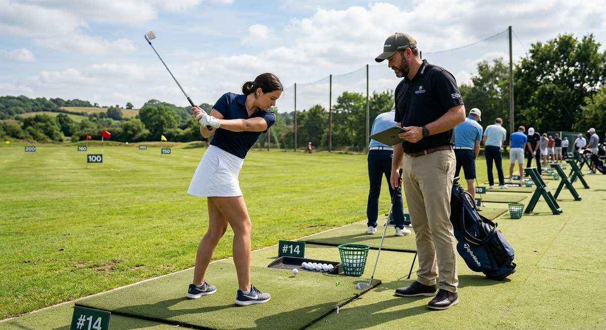 Anfänger beim Training auf der Driving Range — Vorbereitung auf die praktische Platzreife