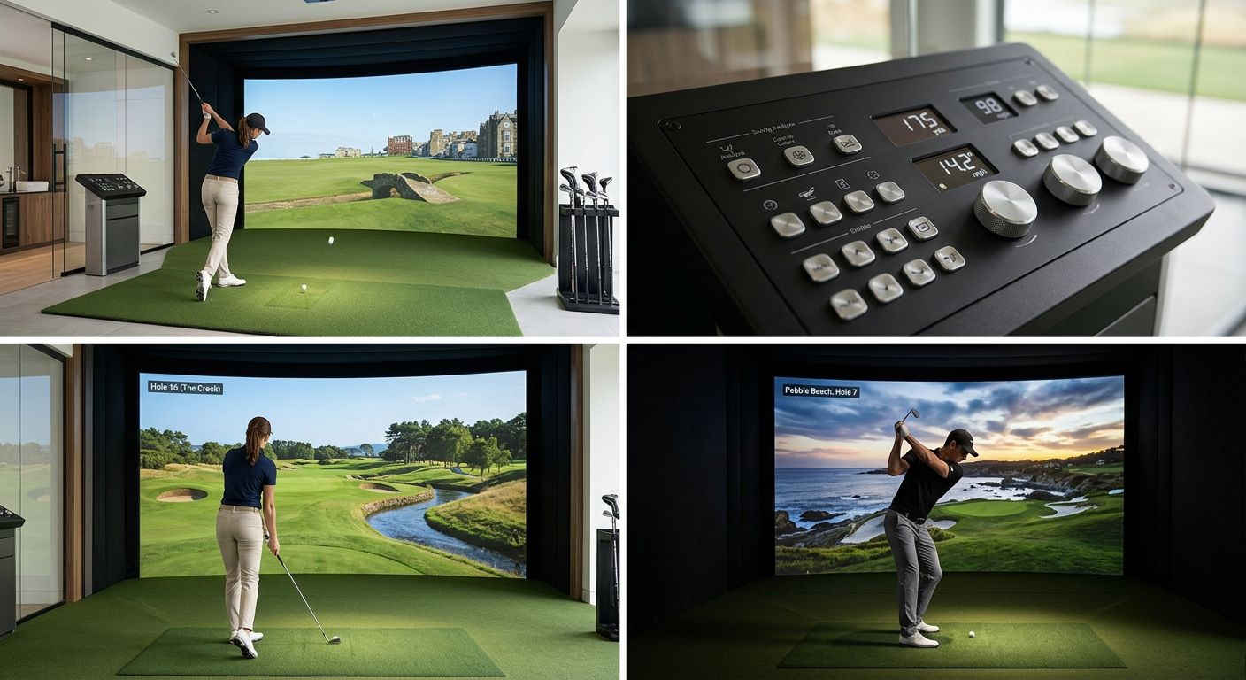 Ein Golfspieler schlägt einen Ball in einem modernen, hellen Raum mit einem großen Bildschirm im Hintergrund, der einen Golfplatz zeigt.
BILD2: Ein Close-up eines Golfballs, der auf einem Tee liegt, mit einem Hintergrund, der einen Golfplatz zeigt.
BILD3: Ein Golfspieler, der sich freut, nachdem er einen guten Schlag gelandet hat, mit einem Bildschirm im Hintergrund, der seine Leistung anzeigt.
BILD4: Ein Blick in einen Golf-Simulator-Raum, in dem mehrere Spieler gleichzeitig spielen können, mit einer großzügigen Lounge und einer Bar.