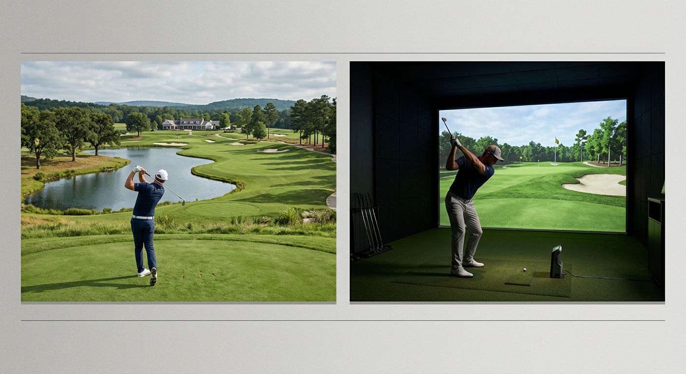 Ein Golfspieler, der sich freut, nachdem er einen guten Schlag gelandet hat, mit einem Bildschirm im Hintergrund, der seine Leistung anzeigt.
BILD4: Ein Blick in einen Golf-Simulator-Raum, in dem mehrere Spieler gleichzeitig spielen können, mit einer großzügigen Lounge und einer Bar.