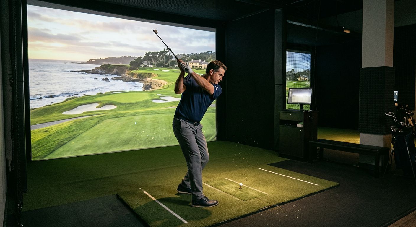 Ein Blick in einen Golf-Simulator-Raum, in dem mehrere Spieler gleichzeitig spielen können, mit einer großzügigen Lounge und einer Bar.