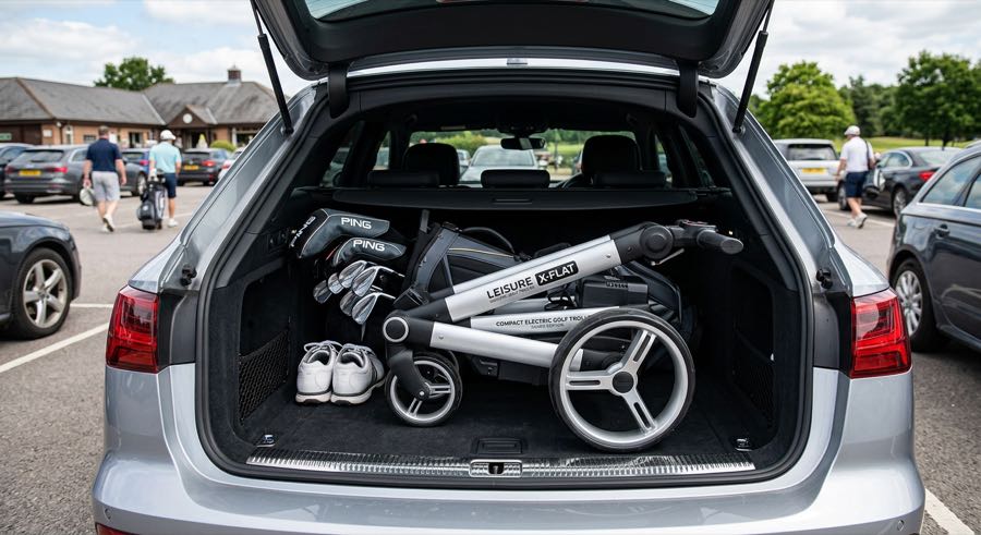 Leisure X-Flat Elektro-Golftrolley auf dem Fairway
