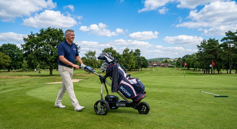 Score Industries EX2 Elektro-Golftrolley auf dem Fairway