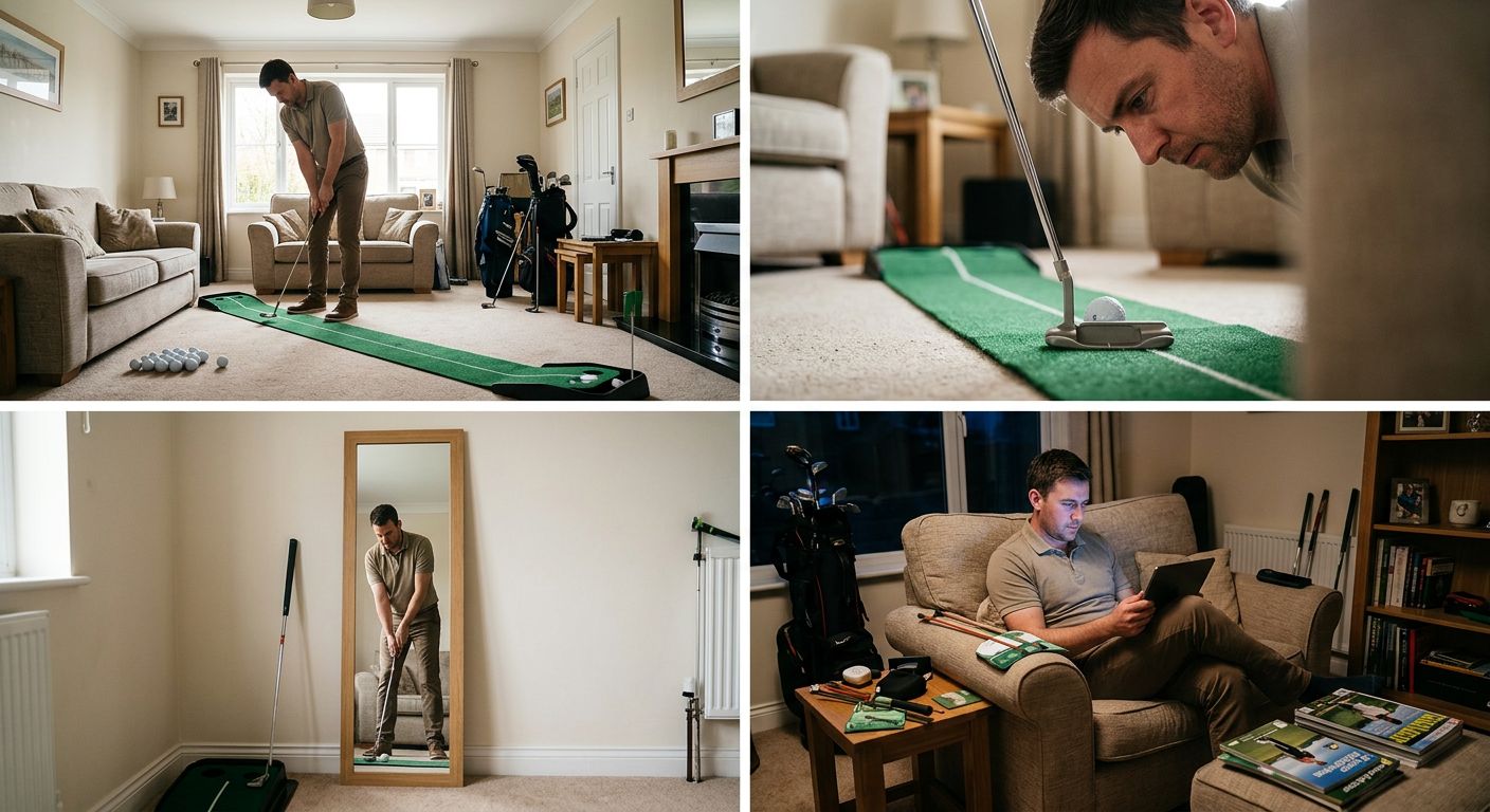 Ein Golfer im Wohnzimmer, der mit einem Übungsgerät trainiert, während im Hintergrund ein Fenster mit Blick auf einen Golfplatz zu sehen ist.
BILD2: Eine Person, die vor einem Spiegel steht und ihre Golf-Schlag-Technik überprüft, mit einem weißen Hintergrund und einer minimalistischen Einrichtung.
BILD3: Ein Golfer, der in seinem Garten trainiert, umgeben von Bäumen und einer sonnigen Atmosphäre.
BILD4: Ein Close-up von einem Golf-Schläger, der auf einem Teppich liegt, mit einem Fitness-Ball und anderen Übungsgeräten im Hintergrund.
