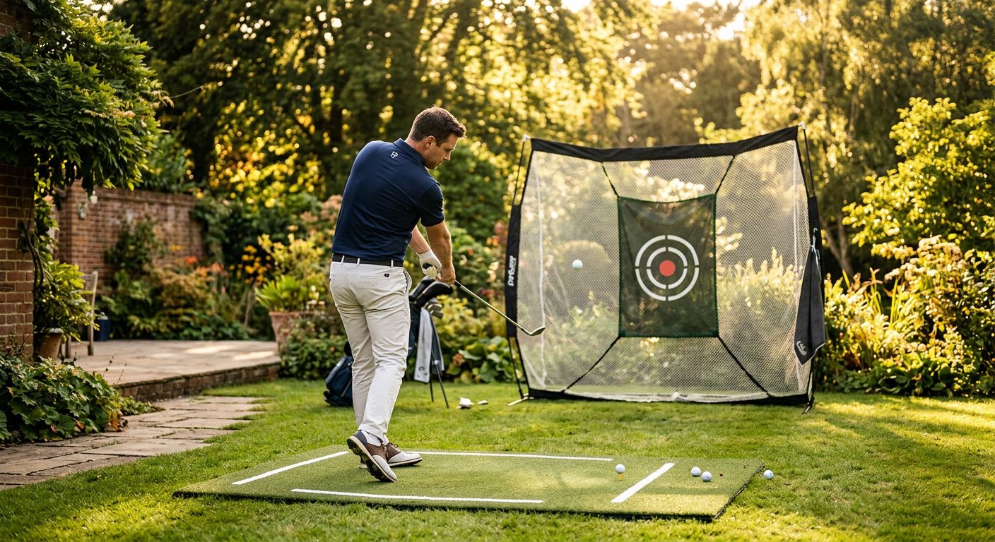 Eine Person, die vor einem Spiegel steht und ihre Golf-Schlag-Technik überprüft, mit einem weißen Hintergrund und einer minimalistischen Einrichtung.
BILD3: Ein Golfer, der in seinem Garten trainiert, umgeben von Bäumen und einer sonnigen Atmosphäre.
BILD4: Ein Close-up von einem Golf-Schläger, der auf einem Teppich liegt, mit einem Fitness-Ball und anderen Übungsgeräten im Hintergrund.
