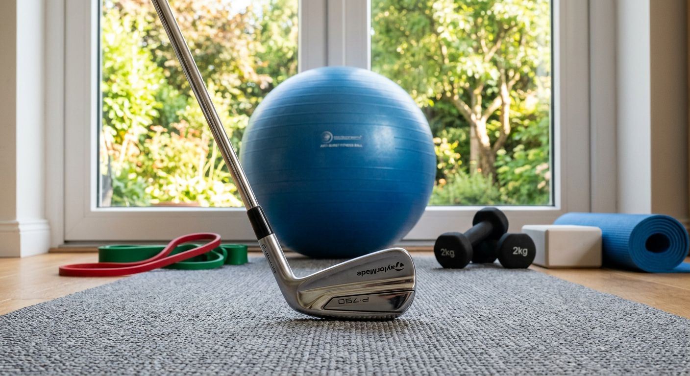 Ein Golfer, der in seinem Garten trainiert, umgeben von Bäumen und einer sonnigen Atmosphäre.
BILD4: Ein Close-up von einem Golf-Schläger, der auf einem Teppich liegt, mit einem Fitness-Ball und anderen Übungsgeräten im Hintergrund.
