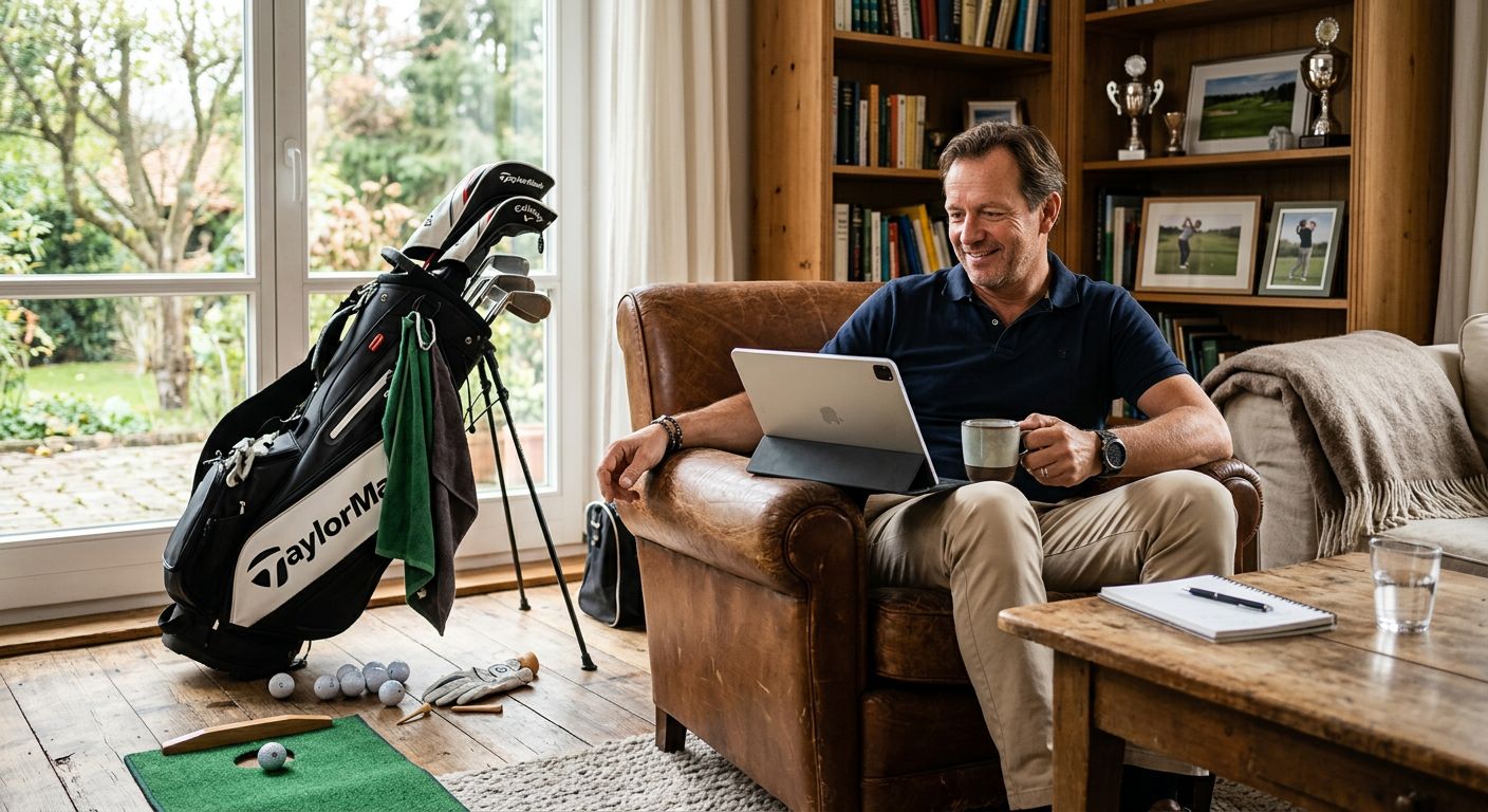 Ein Close-up von einem Golf-Schläger, der auf einem Teppich liegt, mit einem Fitness-Ball und anderen Übungsgeräten im Hintergrund.