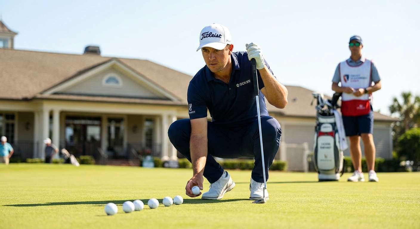 Profigolfer vergleicht Golfbälle auf dem Green bei sonnigem Wetter