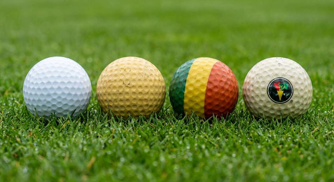 Verschiedene Golfbälle nebeneinander auf dem Rasen — Vergleich der Modelle