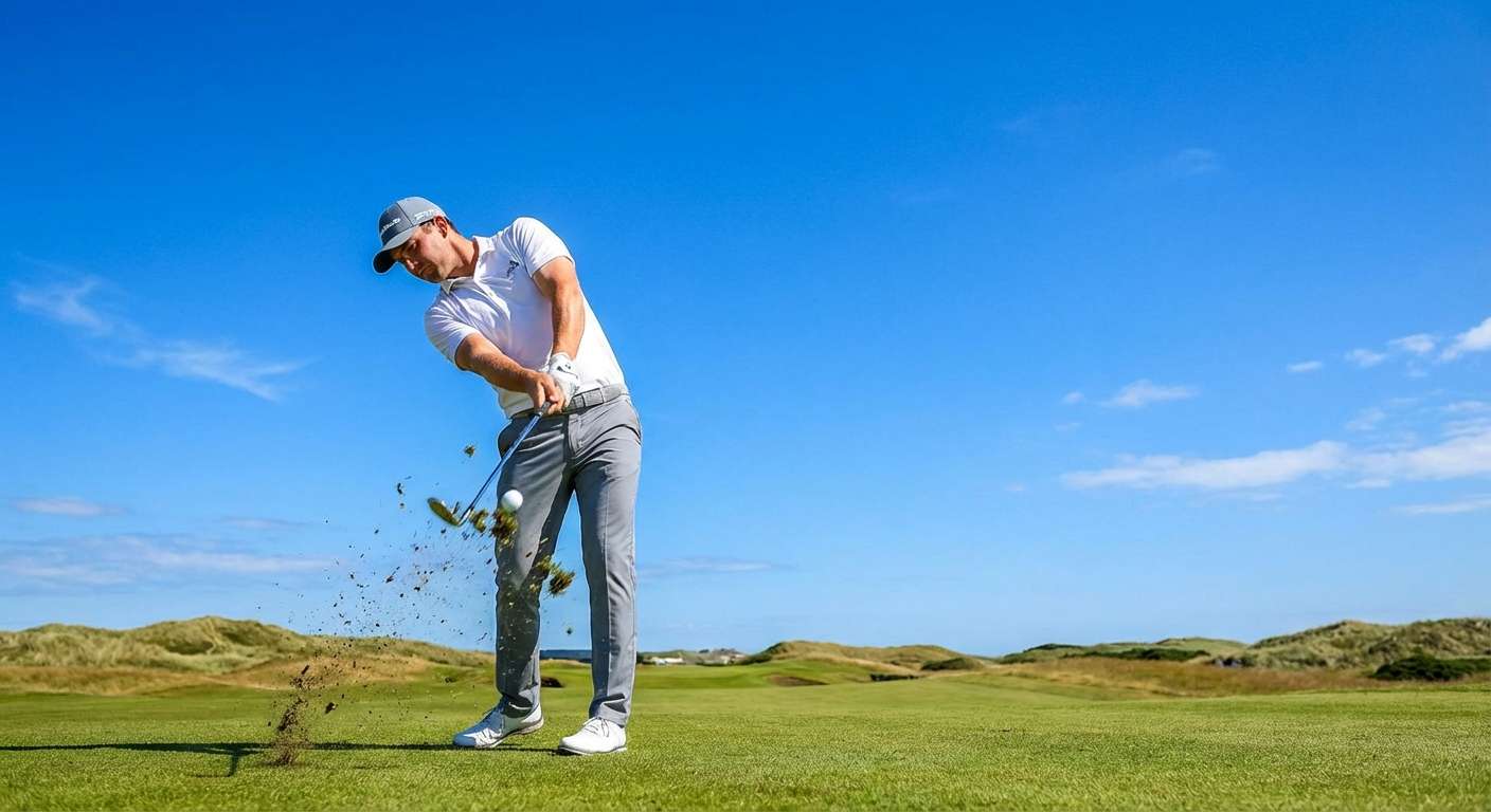 Golfer beim Abschlag auf dem Fairway — Golfball Flug Analyse