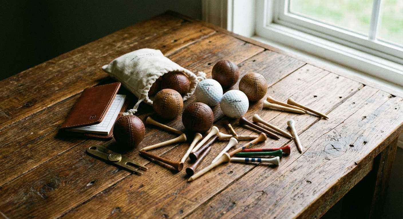 Golfbälle und Tees auf Holztisch — Produktauswahl für Golfer