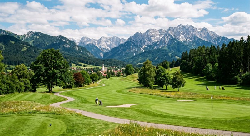Golfplatz in Bayern — grünes Fairway mit Bergpanorama im Hintergrund