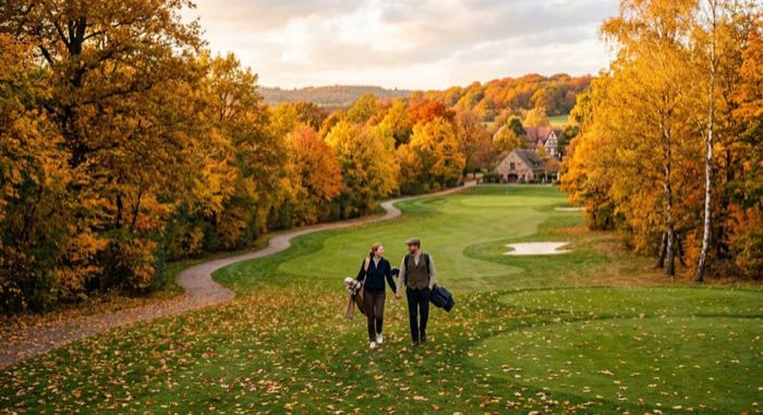 Golfspieler auf deutschem Golfplatz — Herbststimmung mit goldenen Farben