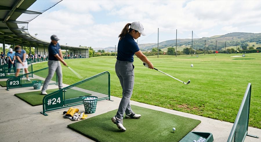 Golfanfänger auf der Driving Range mit neuem Komplettset