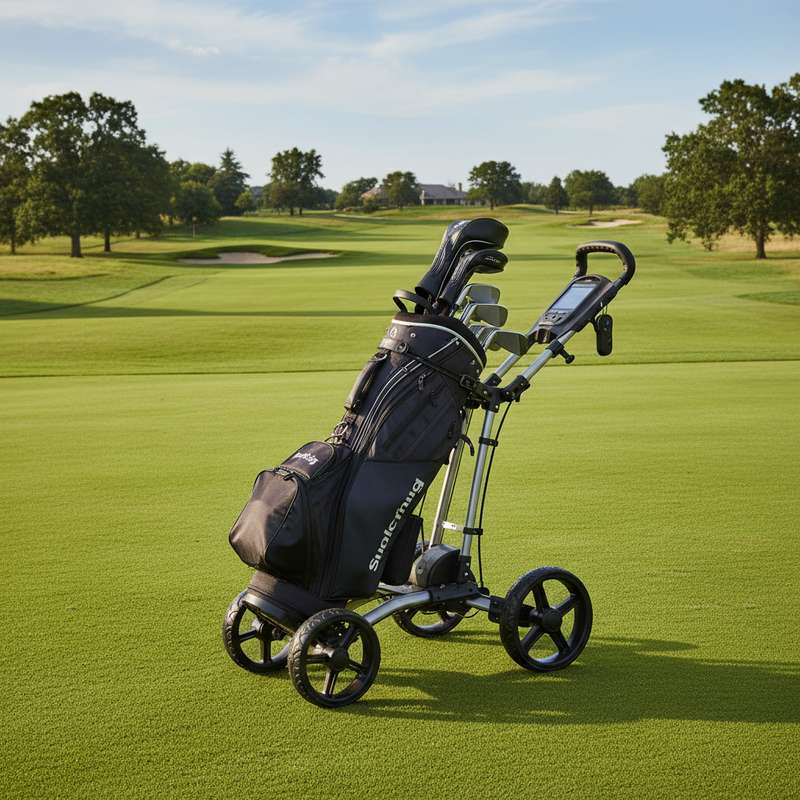 Elektrischer Golftrolley modern leicht mit Golfbag auf dem Platz