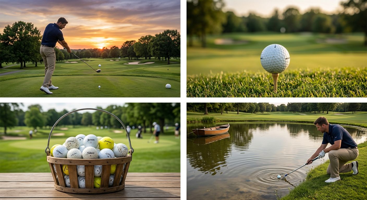 Ein Golfer, der einen Lakeball auf dem Tee platziert, mit einem klaren Himmel und einer malerischen Landschaft im Hintergrund. BILD2: Eine Nahaufnahme eines Lakeballs, der in der Luft fliegt, mit einem verschwommenen Hintergrund, um die Geschwindigkeit und den Flug zu betonen. BILD3: Ein Satz von 12 Lakeballs in verschiedenen Farben und Designs, auf einem grünen Gras oder einem Tee platziert. BILD4: Ein Golfer, der einen Lakeball aus einem Sandbunker heraus spielt, mit einem konzentrierten Gesichtsausdruck und einem sonnigen Hintergrund.