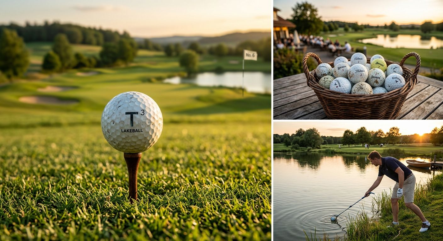 Eine Nahaufnahme eines Lakeballs, der in der Luft fliegt, mit einem verschwommenen Hintergrund, um die Geschwindigkeit und den Flug zu betonen. BILD3: Ein Satz von 12 Lakeballs in verschiedenen Farben und Designs, auf einem grünen Gras oder einem Tee platziert. BILD4: Ein Golfer, der einen Lakeball aus einem Sandbunker heraus spielt, mit einem konzentrierten Gesichtsausdruck und einem sonnigen Hintergrund.