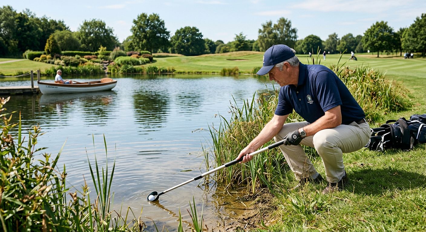 Ein Golfer, der einen Lakeball aus einem Sandbunker heraus spielt, mit einem konzentrierten Gesichtsausdruck und einem sonnigen Hintergrund.