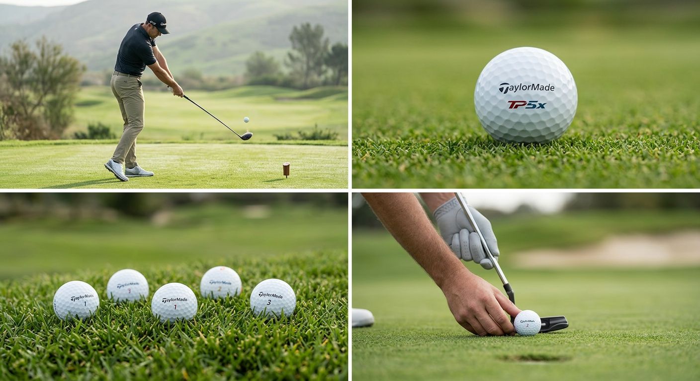 Ein Golfer beim Abschlag, mit einem Taylormade Golfball auf dem Tee und einem sonnigen Golfplatz im Hintergrund.
BILD2: Ein Nahaufnahme eines Taylormade Golfballs, der auf einem Grasflächen liegt, mit einem Golf-Schläger im Hintergrund.
BILD3: Ein Bild von verschiedenen Taylormade Golfbällen, die auf einem Tisch oder einer Oberfläche angeordnet sind, mit einem Golf-Ball-Opener oder einem anderen Golf-Accessoire daneben.
BILD4: Ein Action-Bild von einem Golfer, der einen Taylormade Golfball schlägt, mit einem dynamischen Hintergrund und einem Spruch wie 