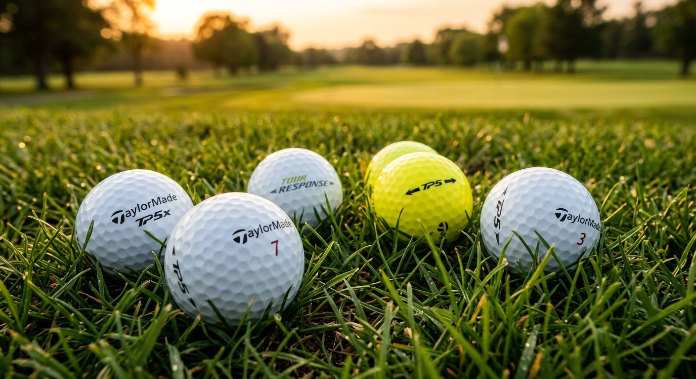 Ein Nahaufnahme eines Taylormade Golfballs, der auf einem Grasflächen liegt, mit einem Golf-Schläger im Hintergrund.
BILD3: Ein Bild von verschiedenen Taylormade Golfbällen, die auf einem Tisch oder einer Oberfläche angeordnet sind, mit einem Golf-Ball-Opener oder einem anderen Golf-Accessoire daneben.
BILD4: Ein Action-Bild von einem Golfer, der einen Taylormade Golfball schlägt, mit einem dynamischen Hintergrund und einem Spruch wie 