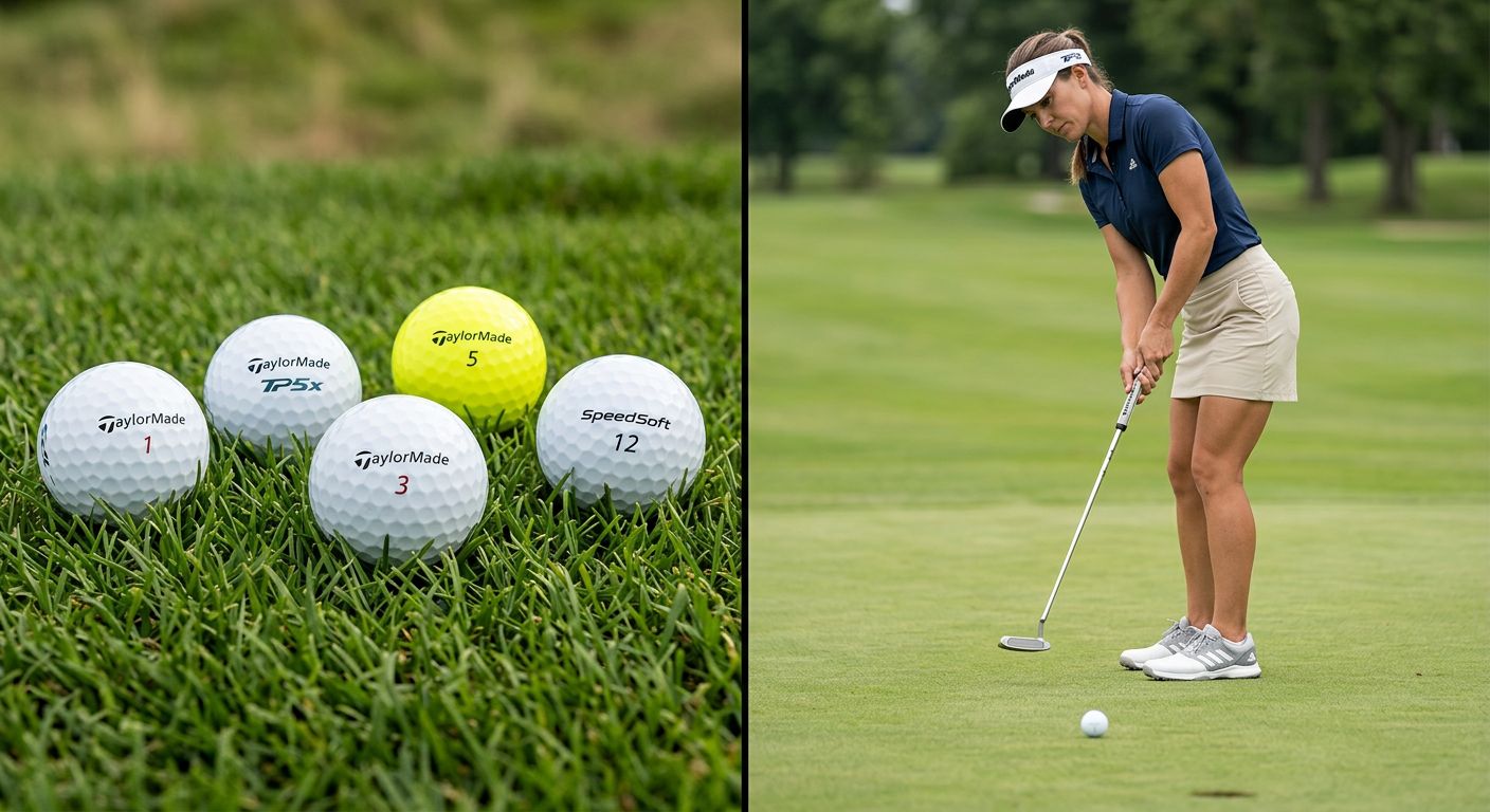 Ein Bild von verschiedenen Taylormade Golfbällen, die auf einem Tisch oder einer Oberfläche angeordnet sind, mit einem Golf-Ball-Opener oder einem anderen Golf-Accessoire daneben.
BILD4: Ein Action-Bild von einem Golfer, der einen Taylormade Golfball schlägt, mit einem dynamischen Hintergrund und einem Spruch wie 