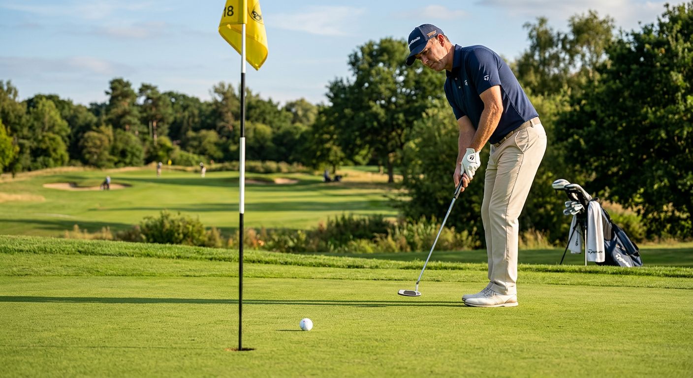 Ein Action-Bild von einem Golfer, der einen Taylormade Golfball schlägt, mit einem dynamischen Hintergrund und einem Spruch wie 